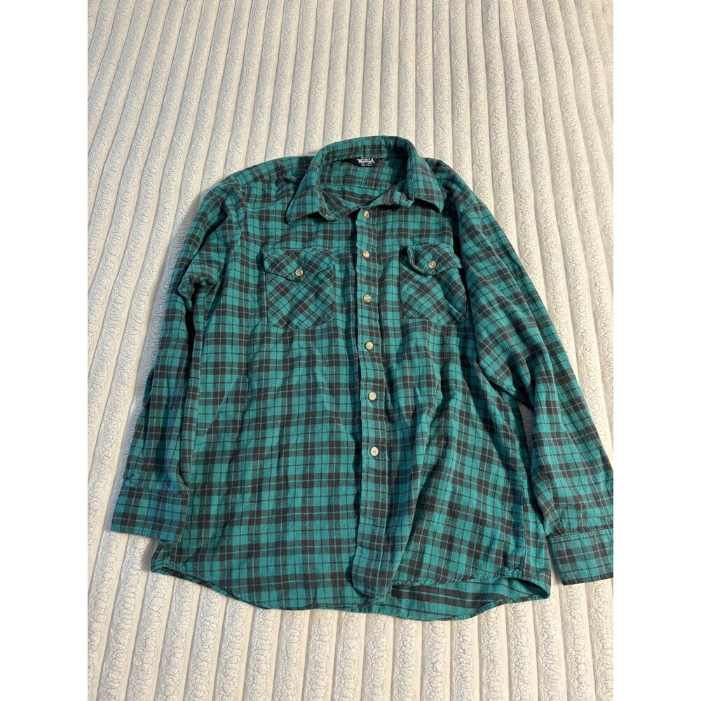 Vintage 80s Woolrich Plaid Flannel Button Down Shirt men’s large Green black